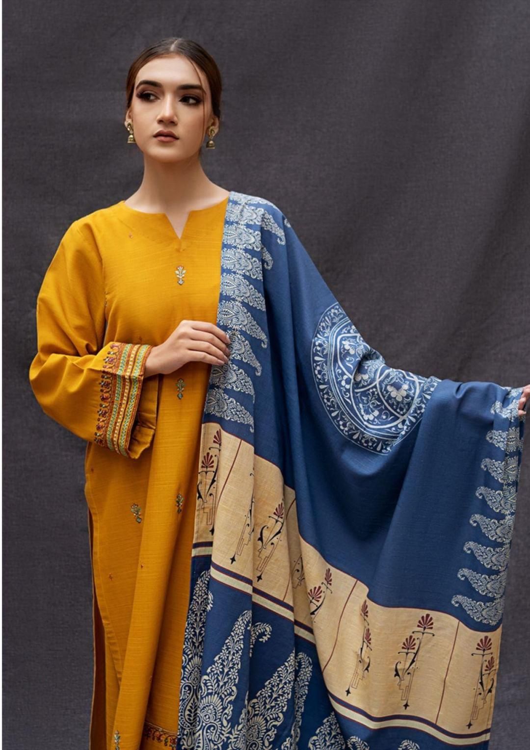 Mustard Embroidered 3 Pcs Women Suit with Blue Dupatta View Gallery - Pakistan