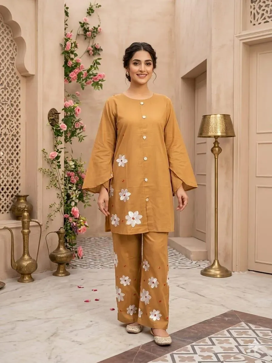 Summer Trendy Design 2 Pcs Women's Stitched Embroidered Shirt And Trouser View Gallery - Pakistan