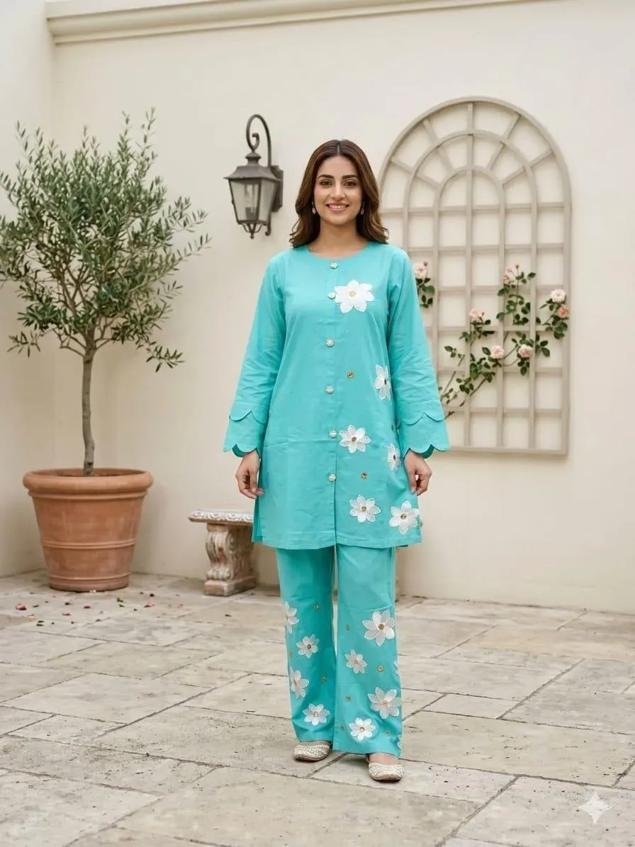 Summer Trendy Design 2 Pcs Women's Stitched Embroidered Shirt And Trouser View Gallery - Pakistan