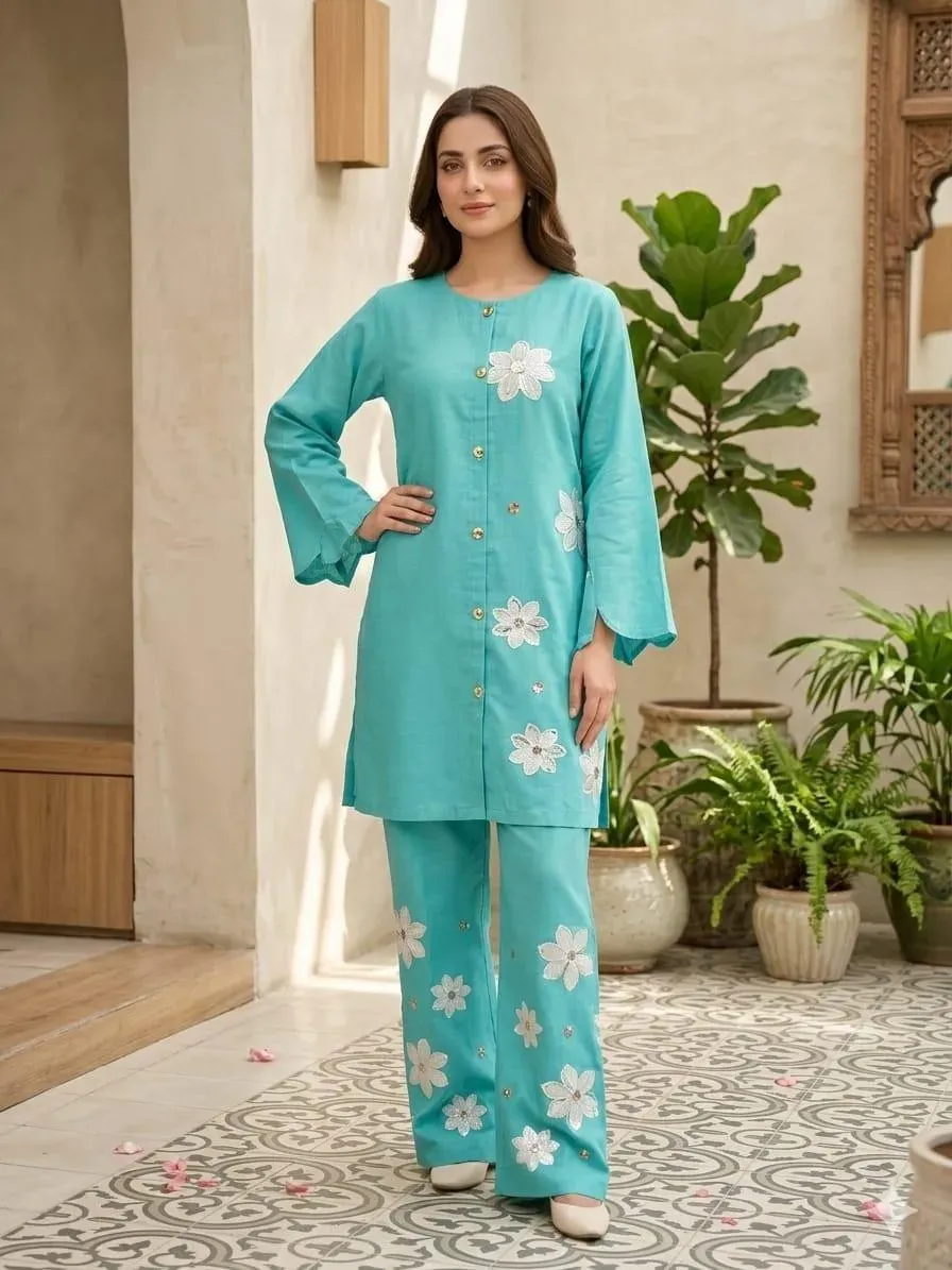 Summer Trendy Design 2 Pcs Women's Stitched Embroidered Shirt And Trouser View Gallery - Pakistan