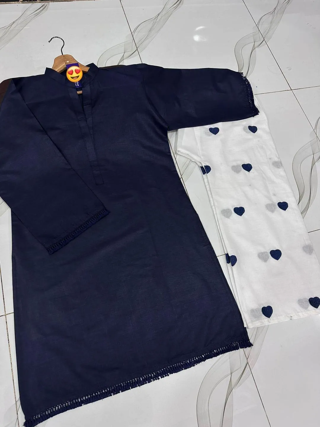 Eid Special: Elegant Blue Pure Cotton 2-Piece Suit – Heart Contrast Embroidery Flapper & Lace Work Details View Gallery - Pakistan