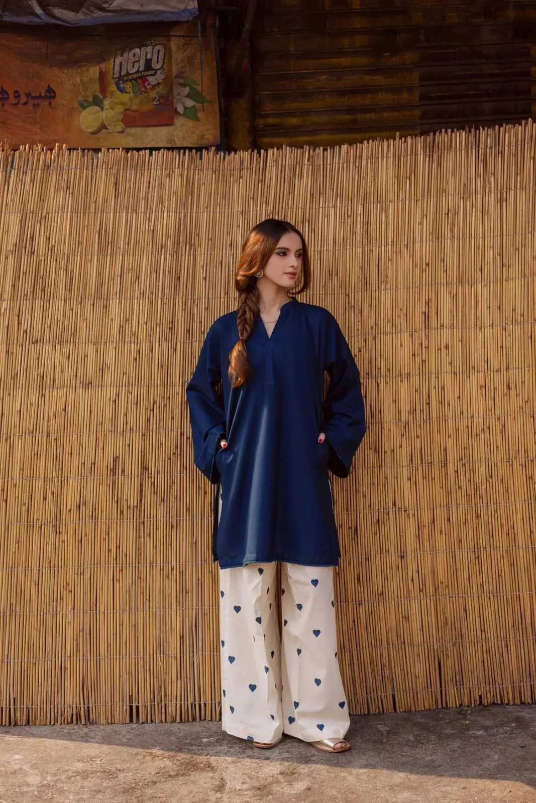 Eid Special: Elegant Blue Pure Cotton 2-Piece Suit – Heart Contrast Embroidery Flapper & Lace Work Details View Gallery - Pakistan