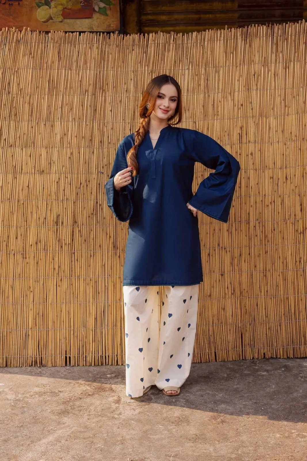 Eid Special: Elegant Blue Pure Cotton 2-Piece Suit – Heart Contrast Embroidery Flapper &amp; Lace Work Details