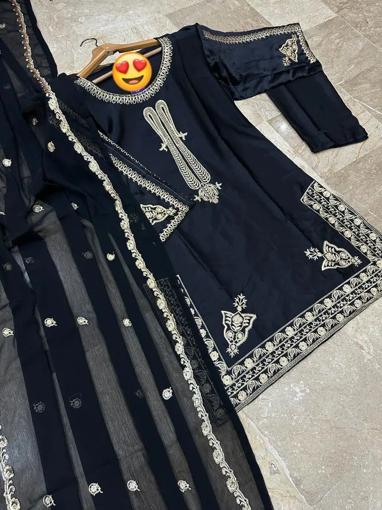 3 Pcs Women's Stitched Shamoz Silk Embroidered Suit View Gallery - Pakistan