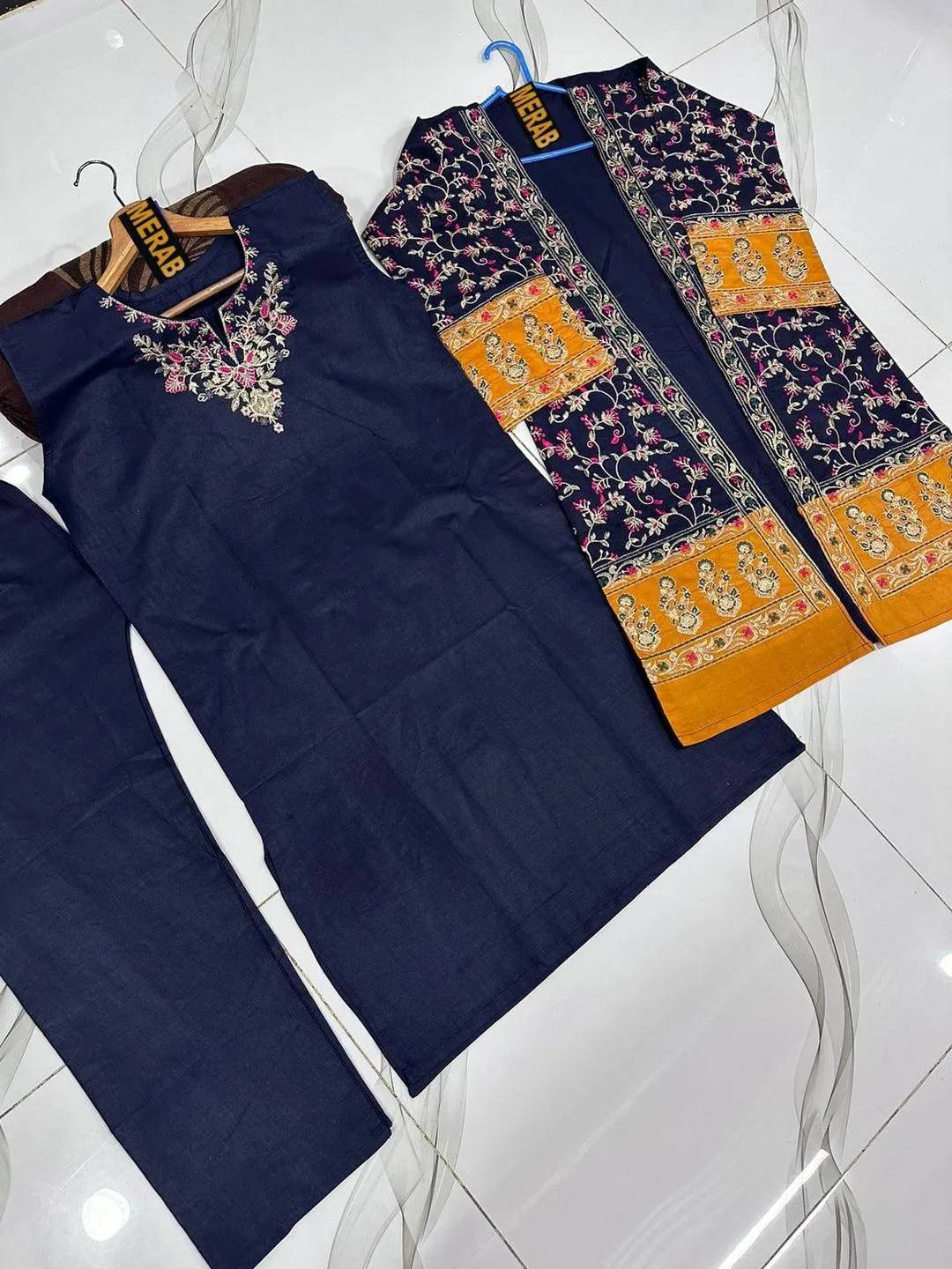 3 Pcs Women's Stitched Cotton Embroidered Gown Suit View Gallery - Pakistan