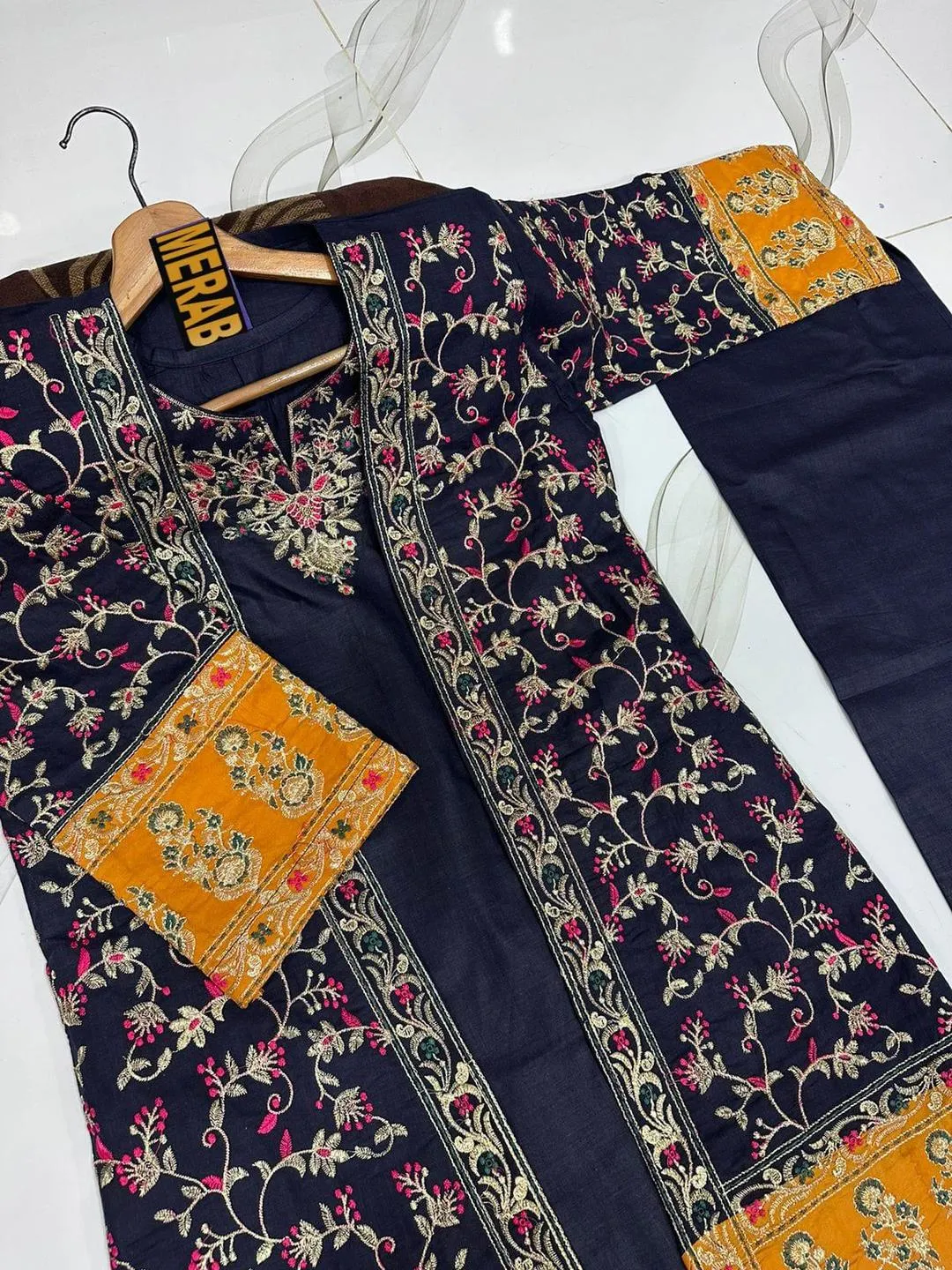 3 Pcs Women's Stitched Cotton Embroidered Gown Suit View Gallery - Pakistan