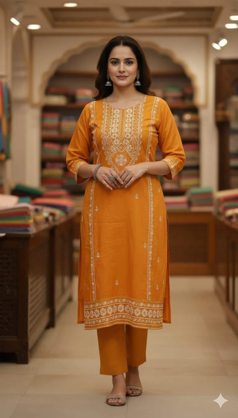Embroidered Linen Suit Set - 3 Pcs in Elegant Orange View Gallery - Pakistan