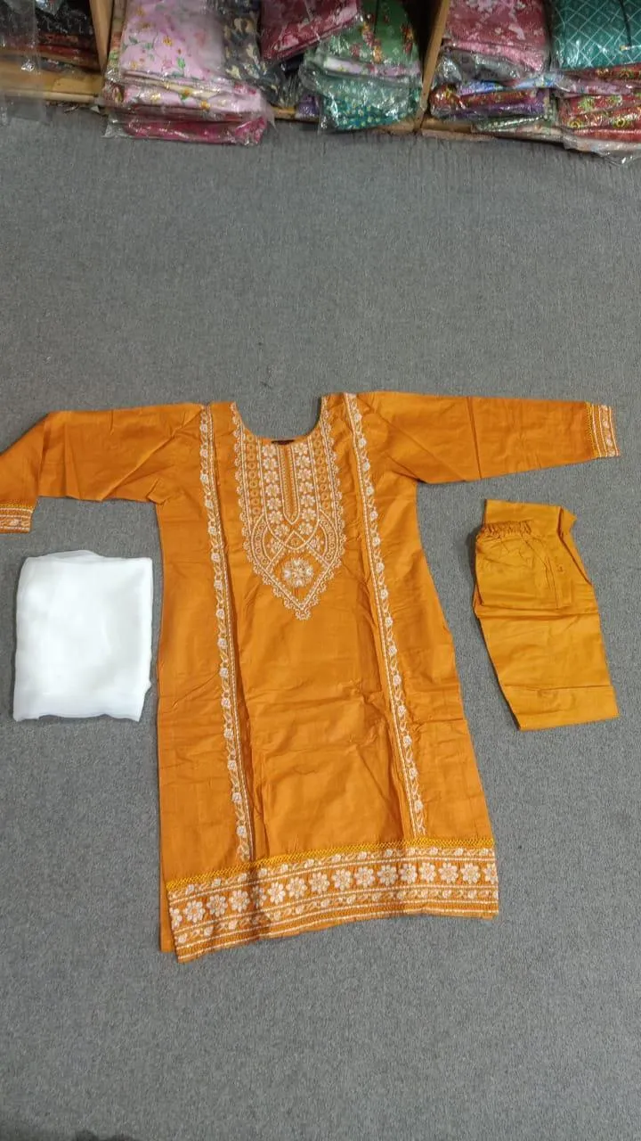 Embroidered Linen Suit Set - 3 Pcs in Elegant Orange View Gallery - Pakistan