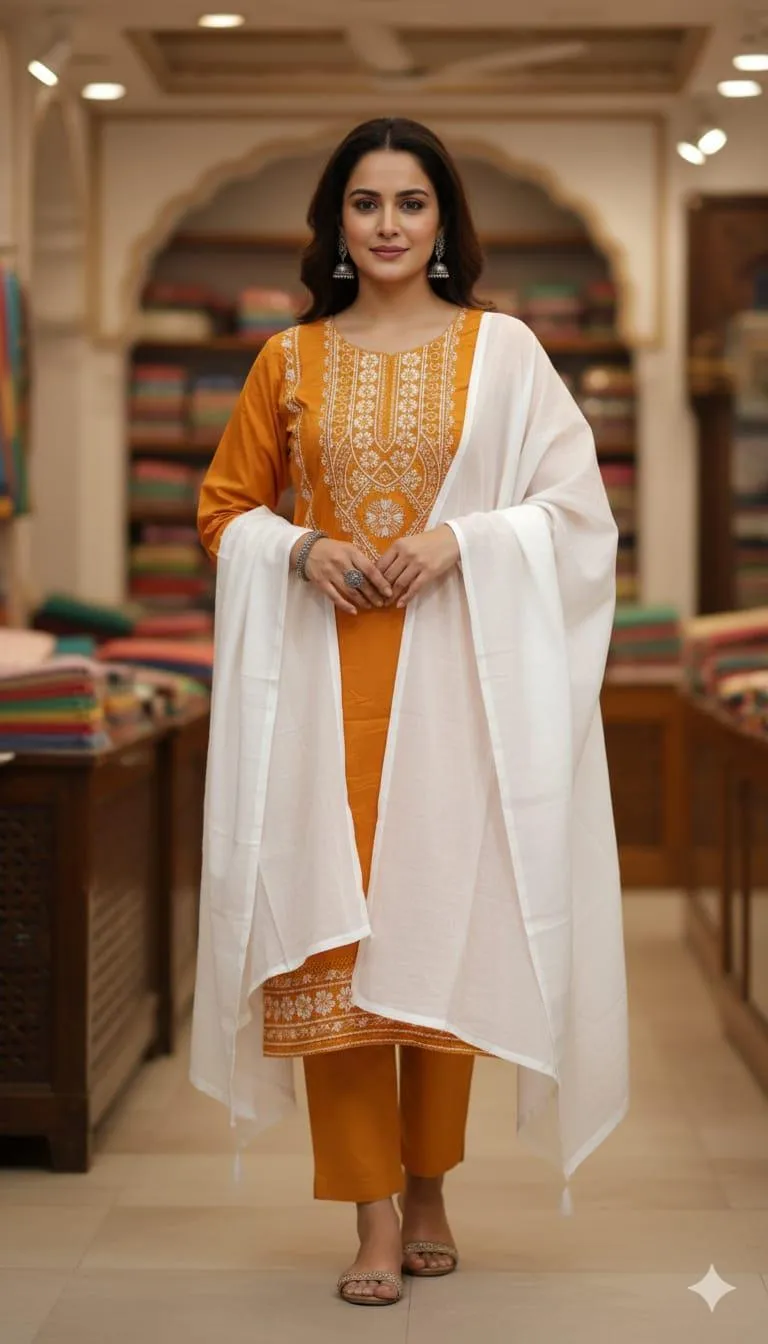Embroidered Linen Suit Set - 3 Pcs in Elegant Orange - Online Shopping in Pakistan - BUNDLIV
