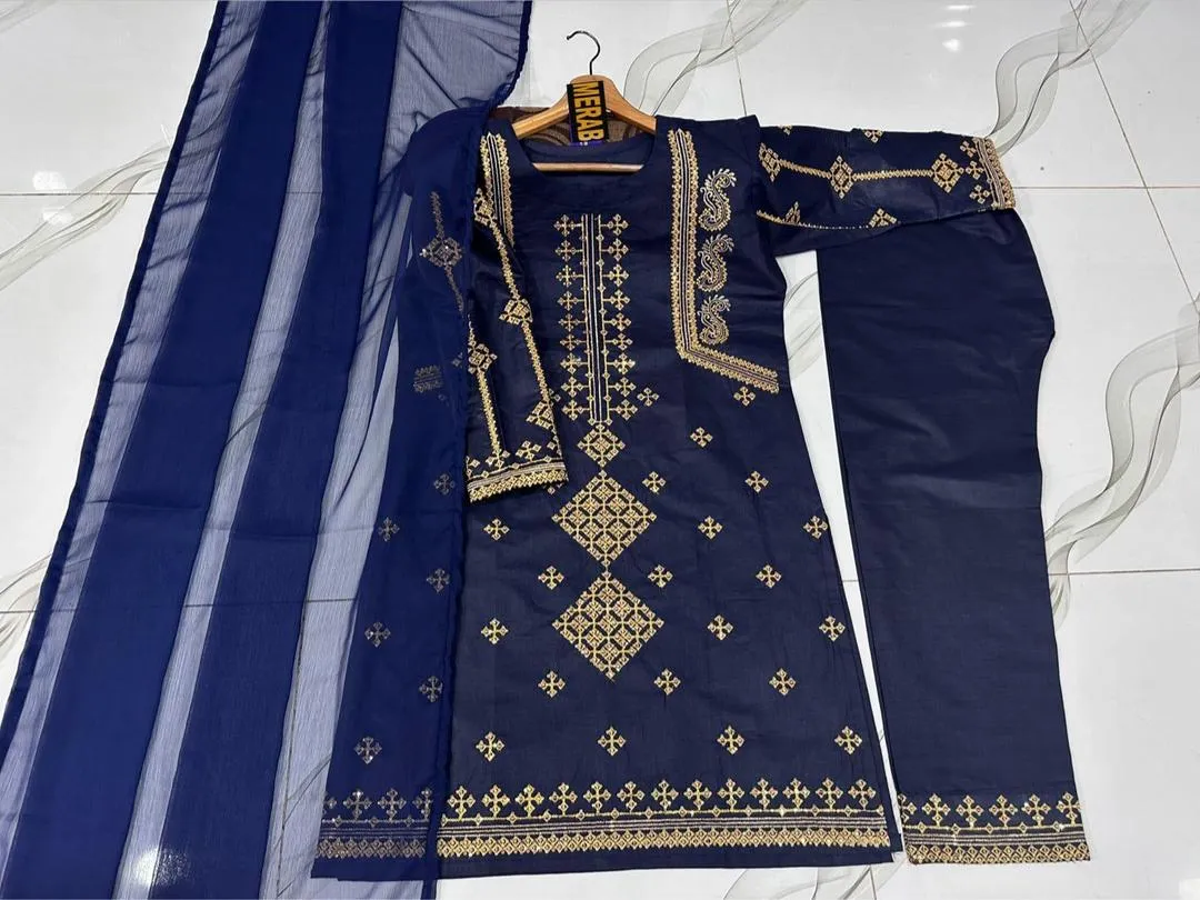3 Pcs Women's Stitched Cotton Sequins Embroidered Suit View Gallery - Pakistan