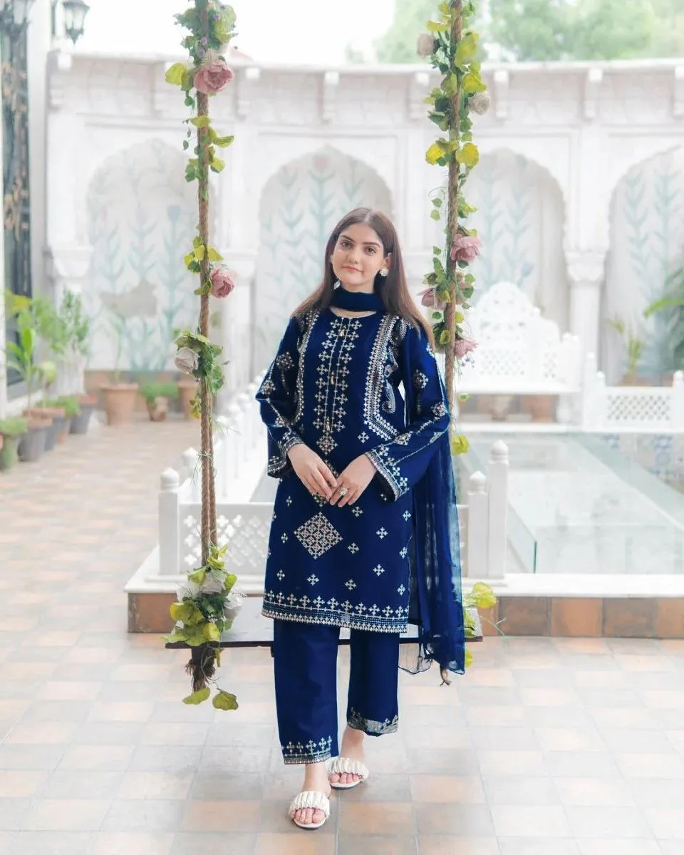 3 Pcs Women's Stitched Cotton Sequins Embroidered Suit View Gallery - Pakistan